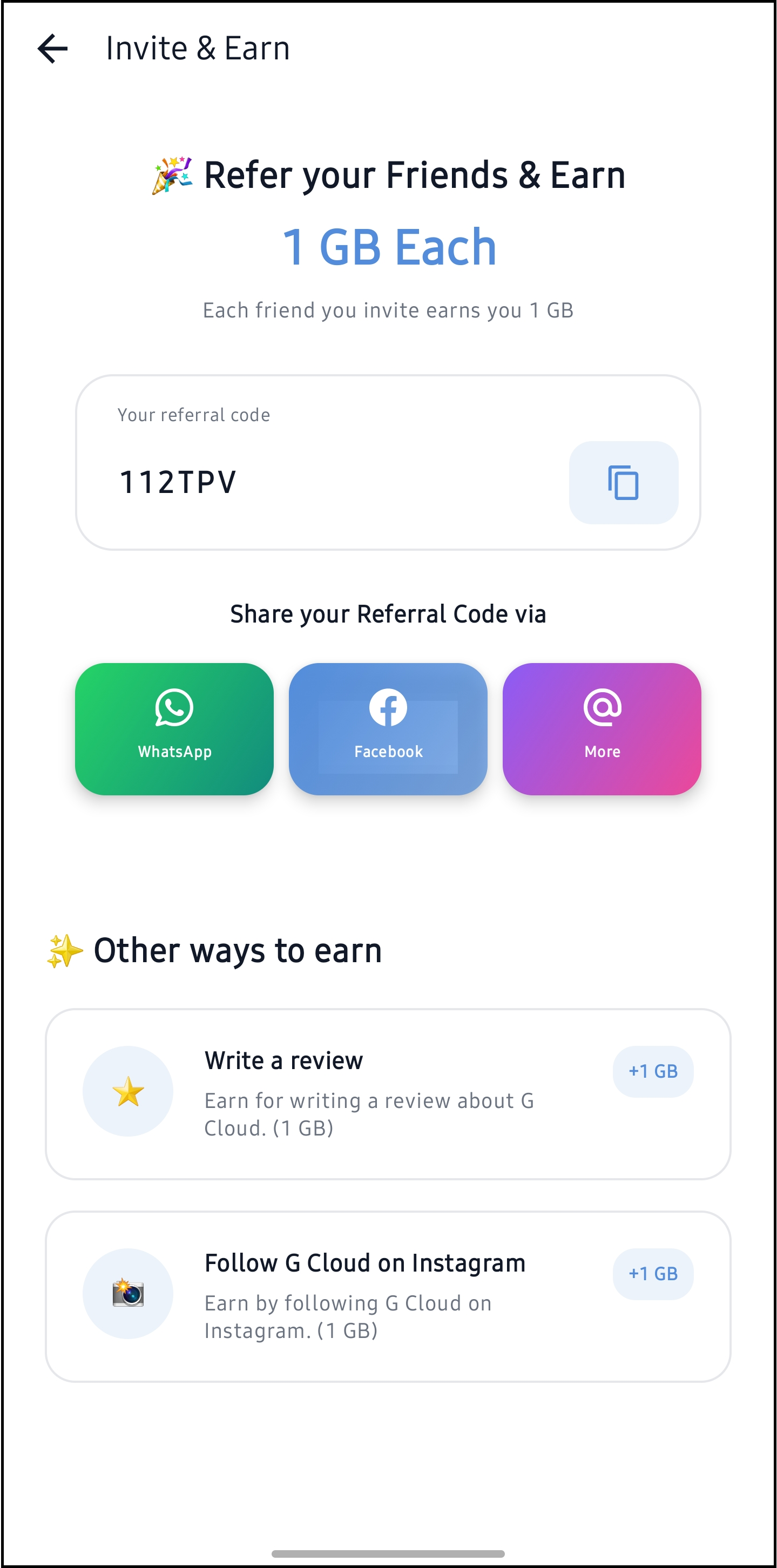 Invite and Earn screen