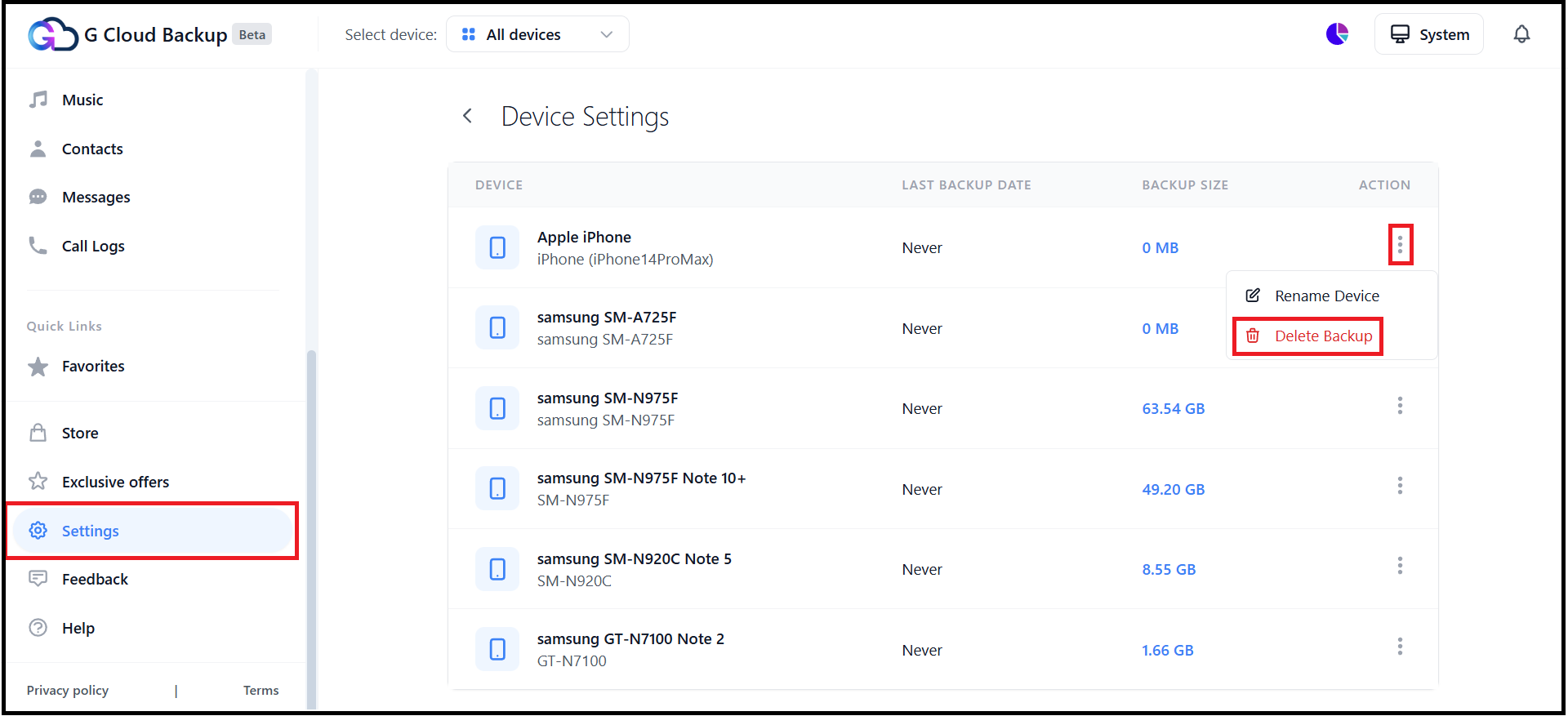 Delete Backup option
