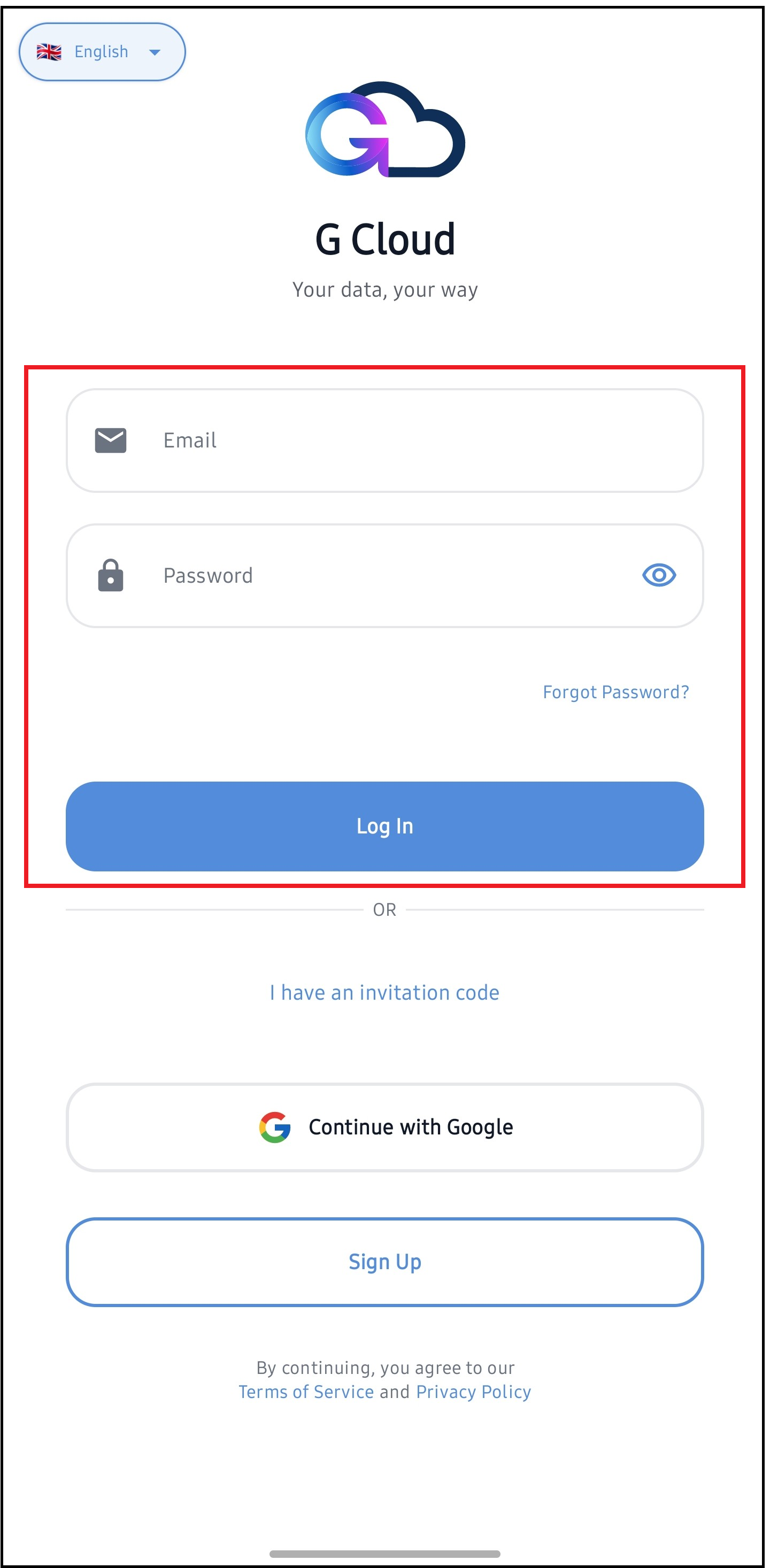 Log In using Email and Password